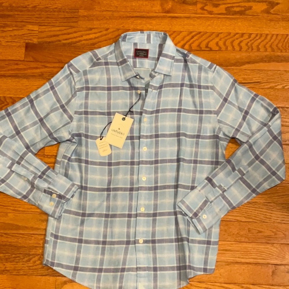 BNWT UNTUCKit Belmont WR Slim Fit Shirt Mens MEDIUM Blue Plaid Linen Long Sleeve